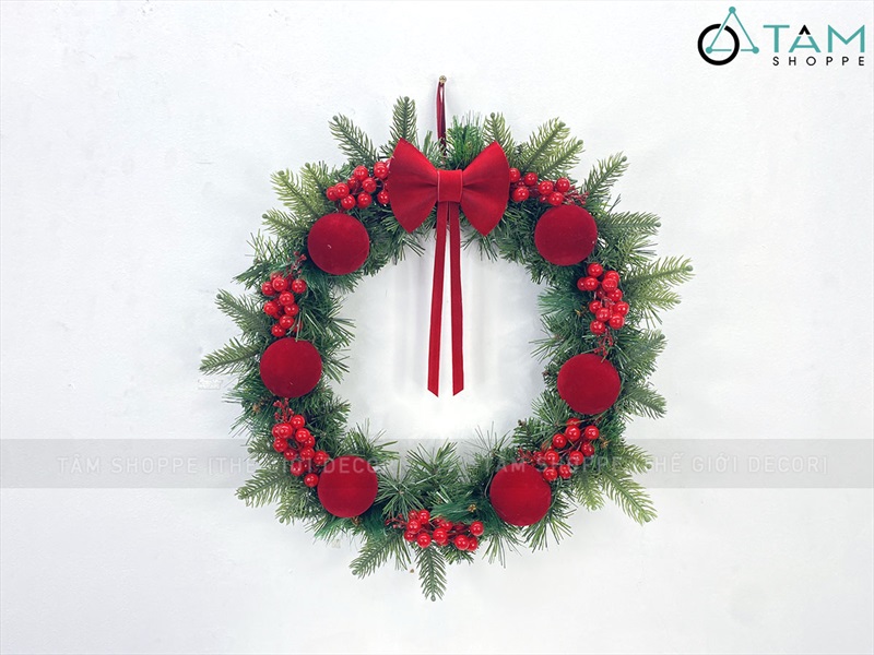 Vòng nguyệt quế Noel Châu nhung nơ đỏ ĐK 50cm VNGQ-X-39